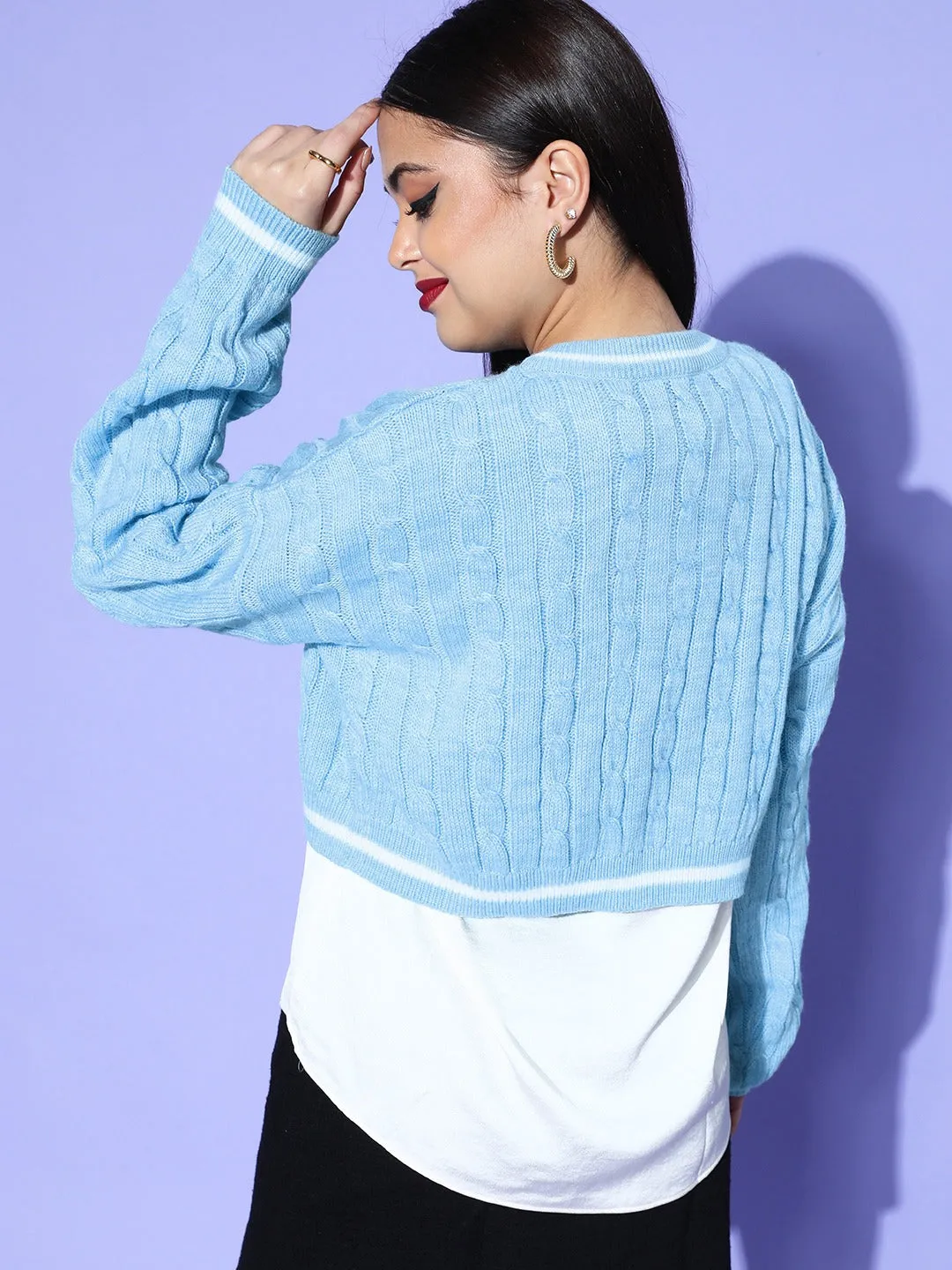 Berrylush Women Turquoise Blue Cable Knitted Pattern V-Neck Acrylic Straight Hem Cropped Pullover