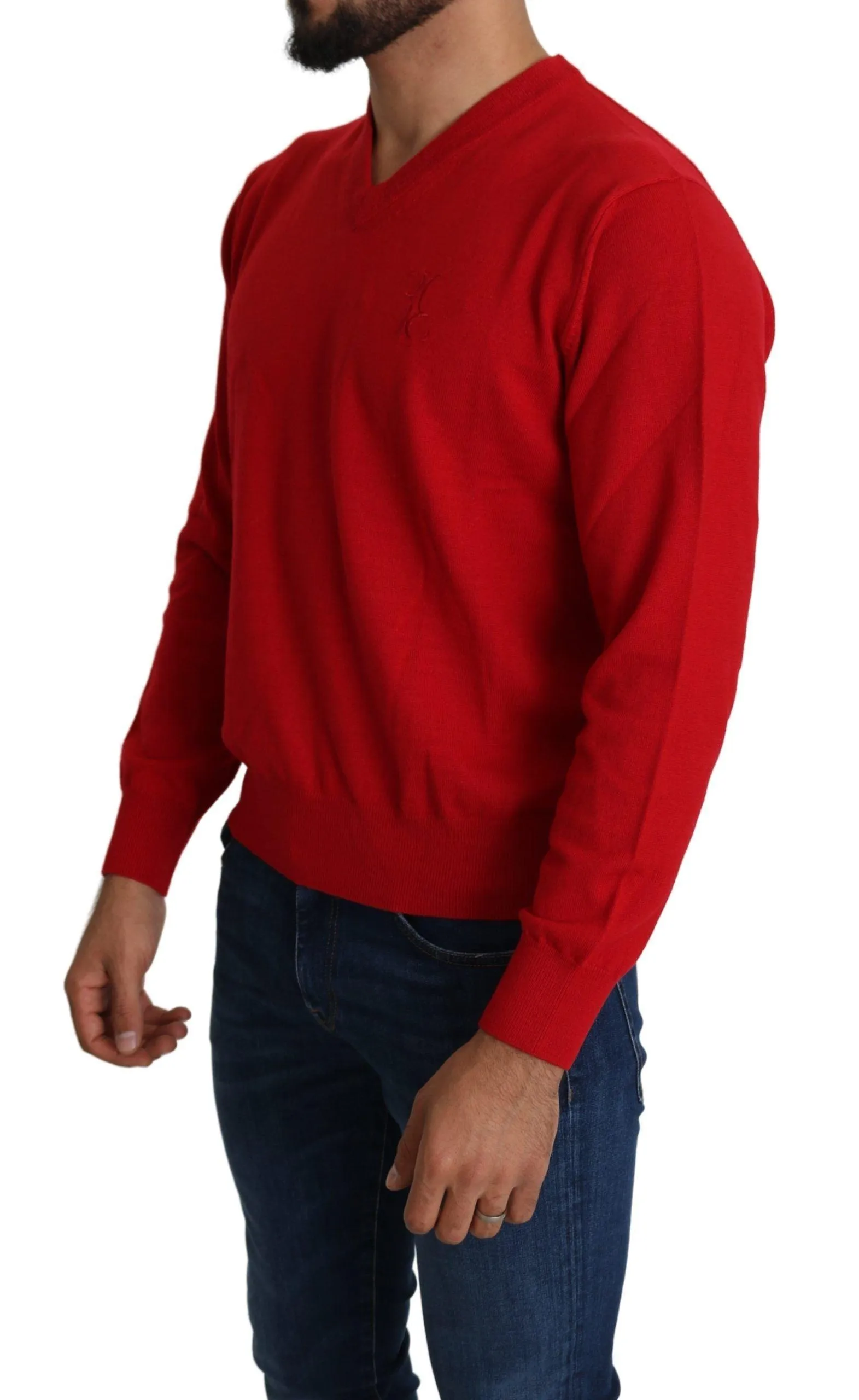 Billionaire Italian Couture Red V-neck Wool Sweatshirt Pullover Sweater