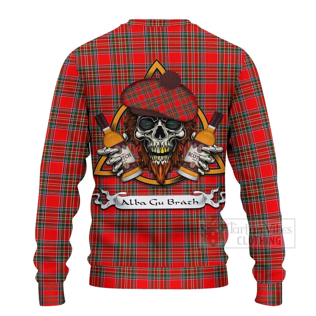 Binning Tartan Ugly Sweater with Family Crest and Bearded Skull Holding Bottles of Whiskey