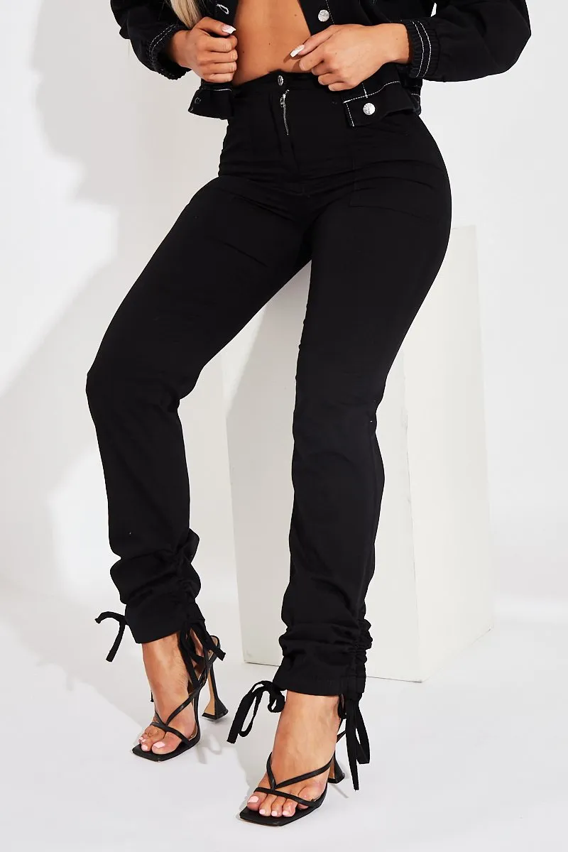 Black Gathered Hem Tie Trousers - Aaira