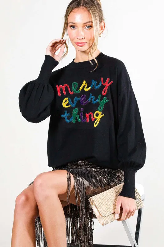 Black Merry Everything Letter Detail Sweater Top