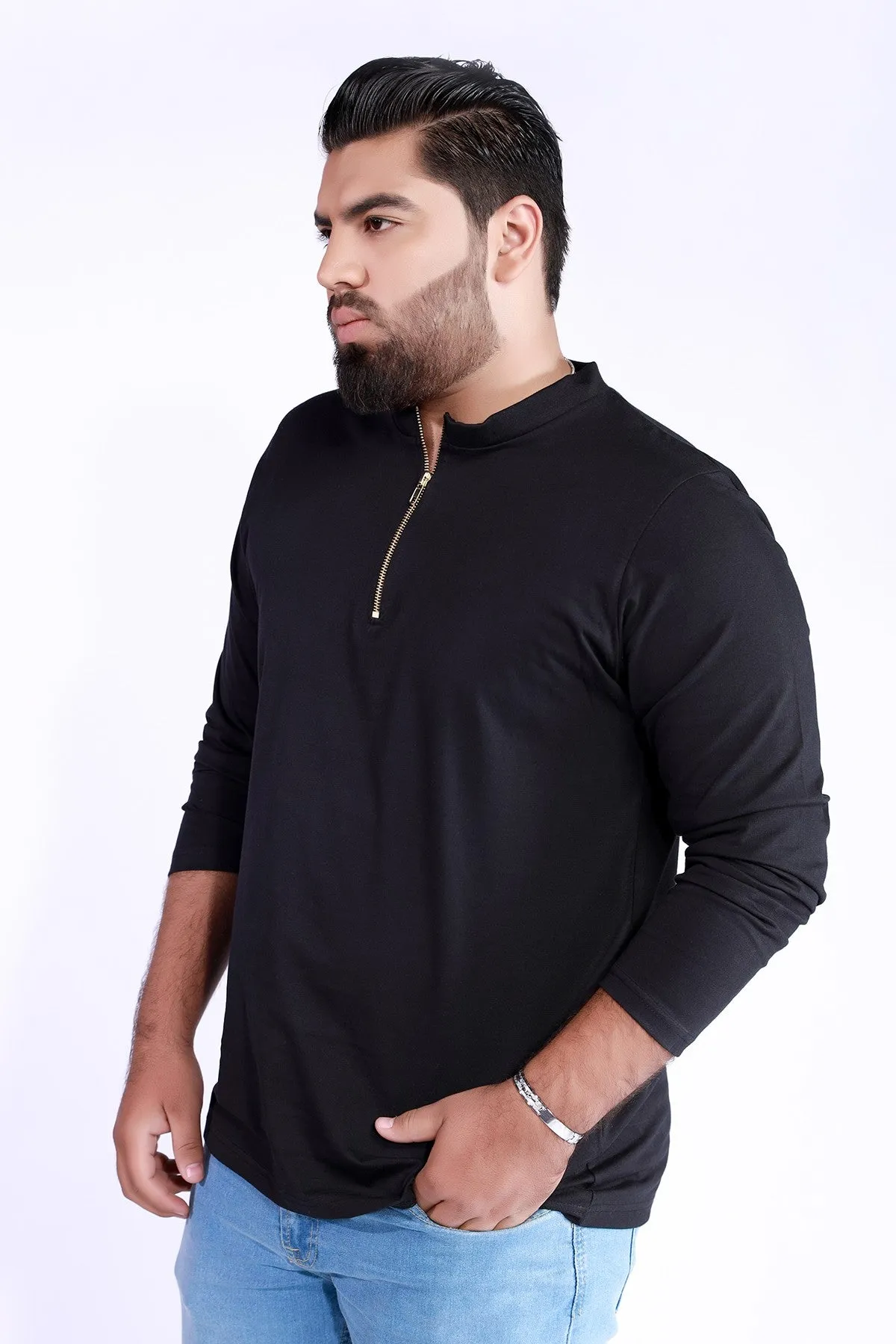 Black Mock Zip T-Shirt (Plus Size) - W21 - MT0124P