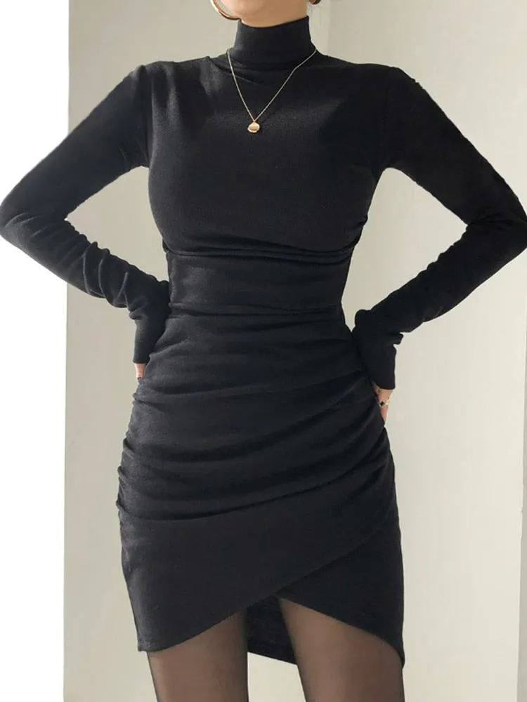 Black Ruched Turtleneck Draped Long-Sleeve Dress