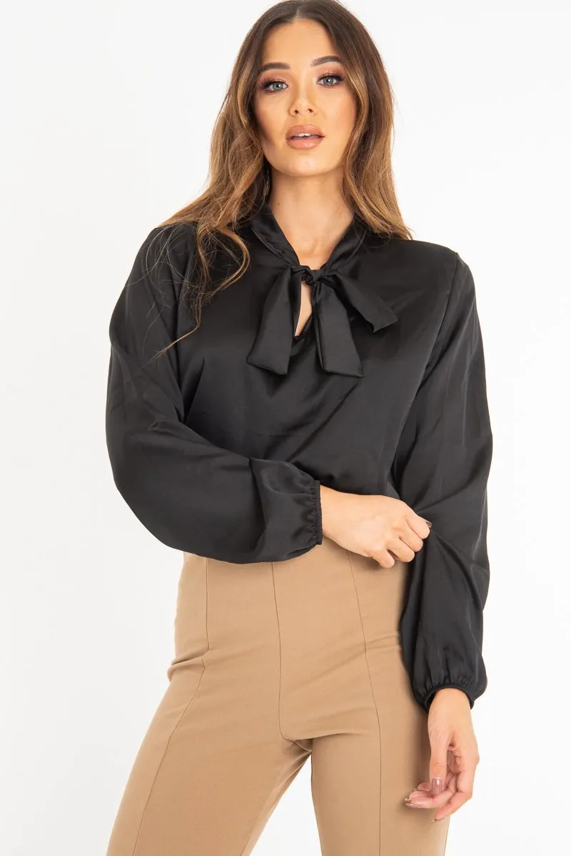 Black Satin Tie Front Long Sleeve Blouse - Cherie