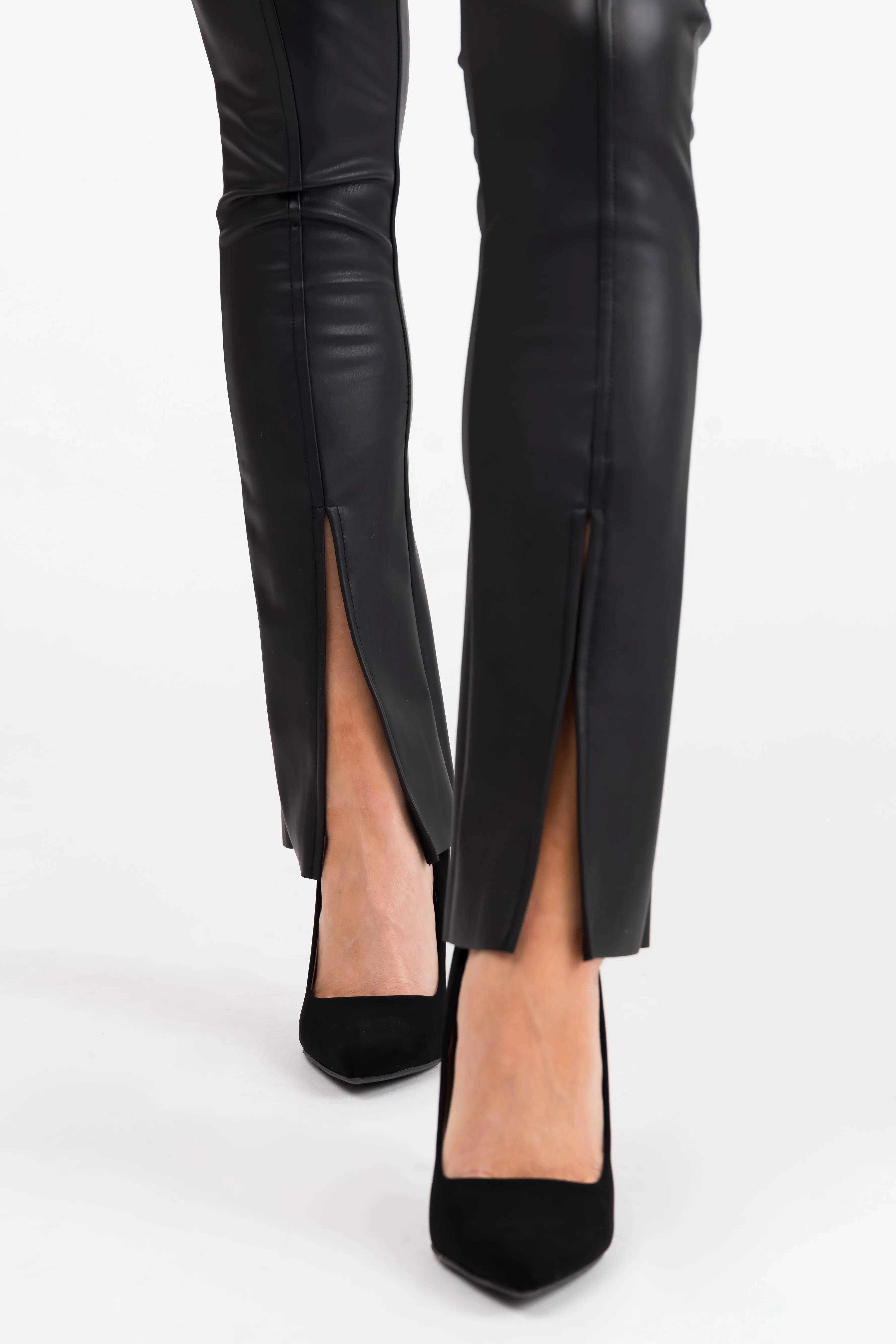 Black Slit Hem Faux Leather Leggings