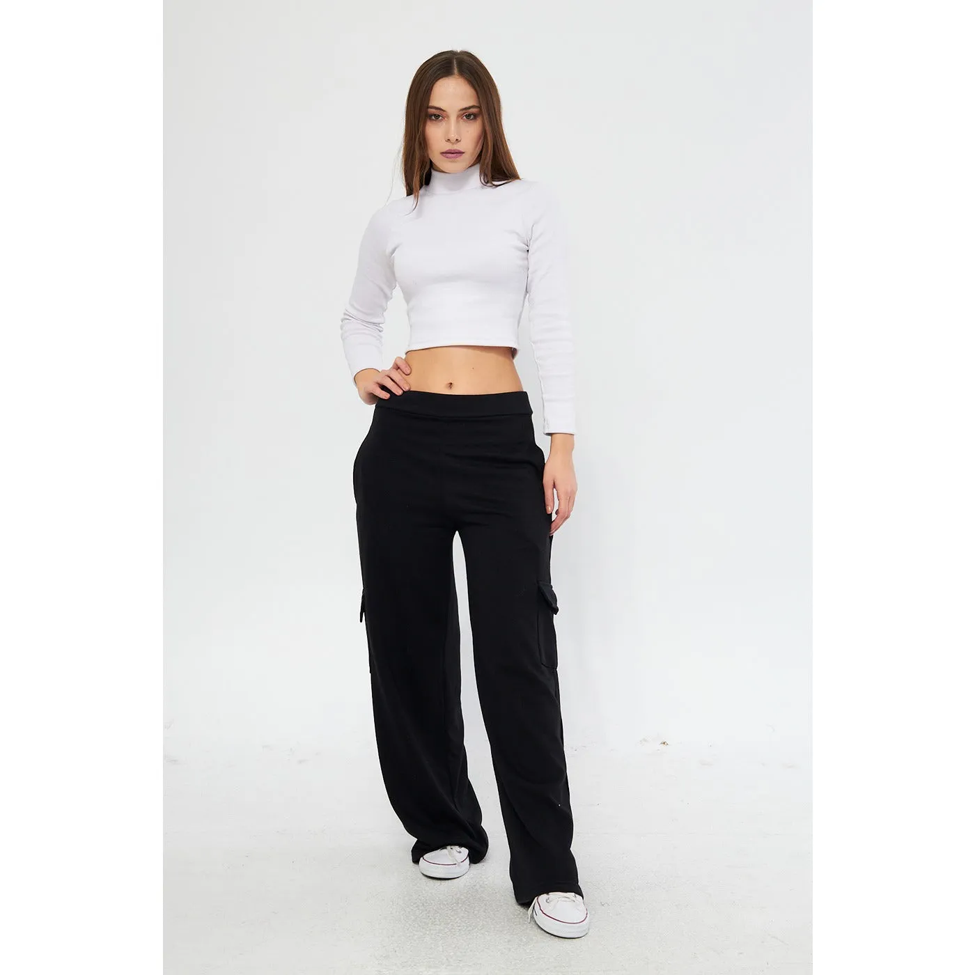 Black Wide Leg Cargo Trousers