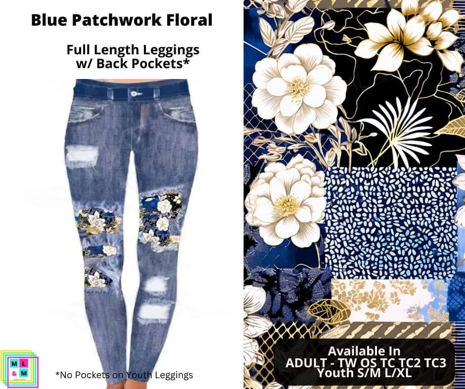 Blue Patchwork Floral Faux Peekaboo Leggings w/Back Pockets