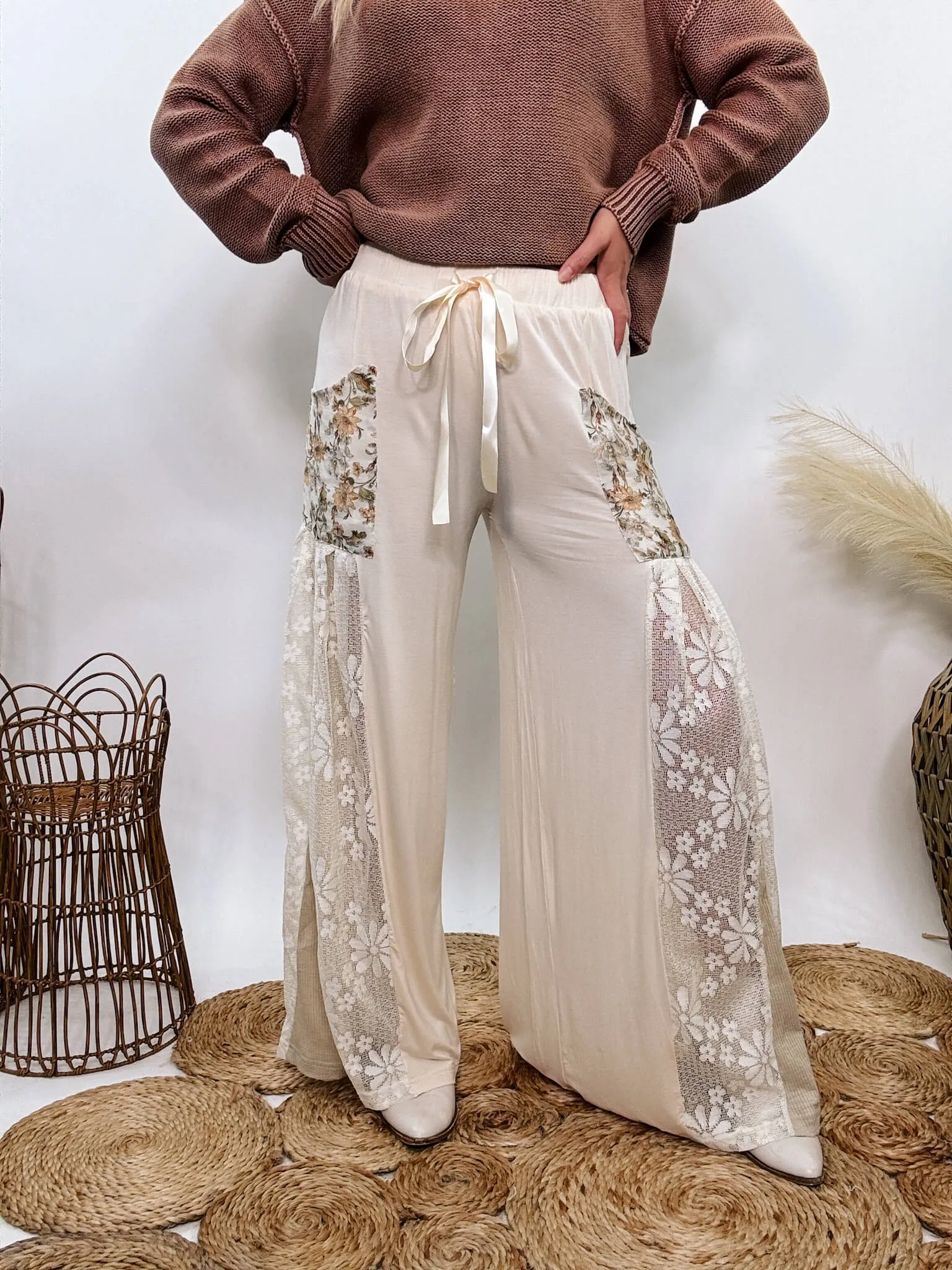 Boho Lace and Floral Wide Leg Pants by POL