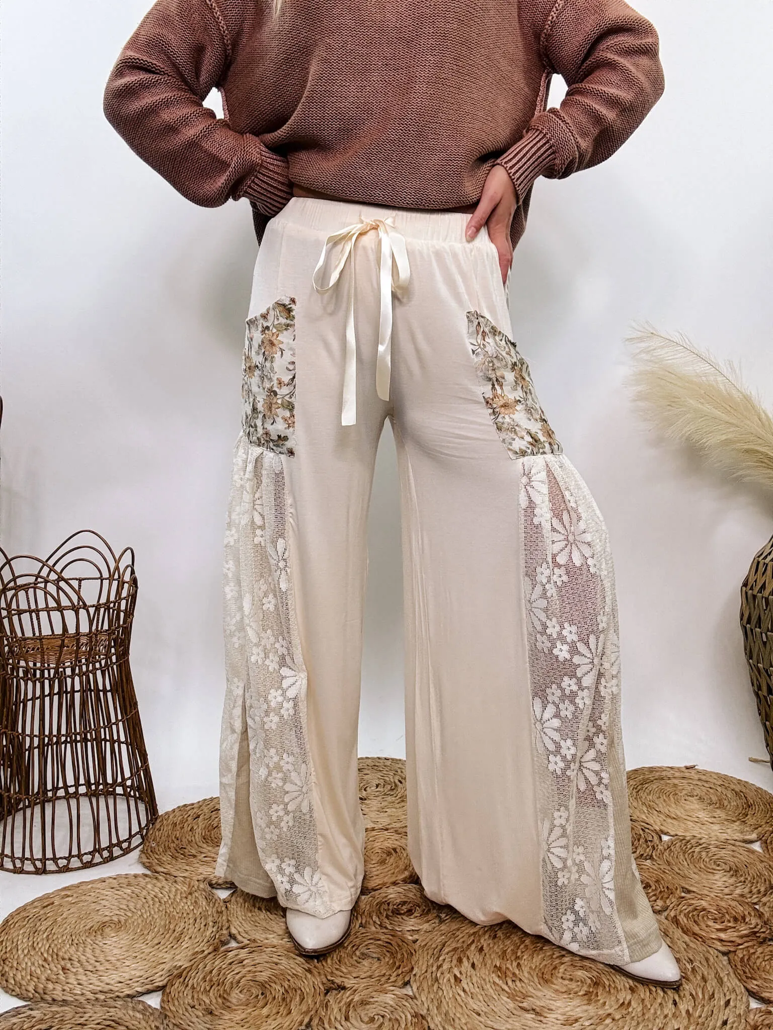 Boho Lace and Floral Wide Leg Pants by POL