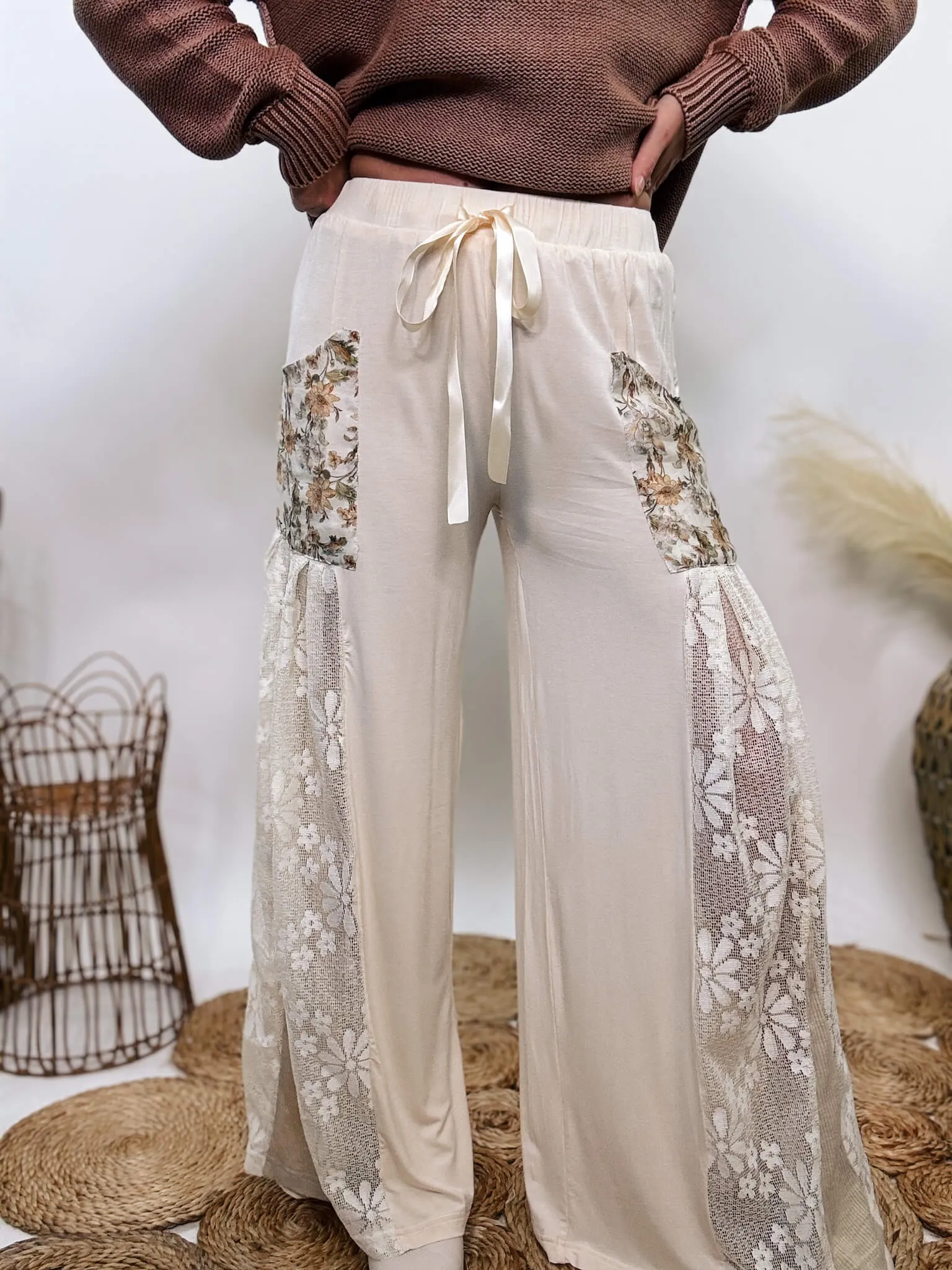 Boho Lace and Floral Wide Leg Pants by POL