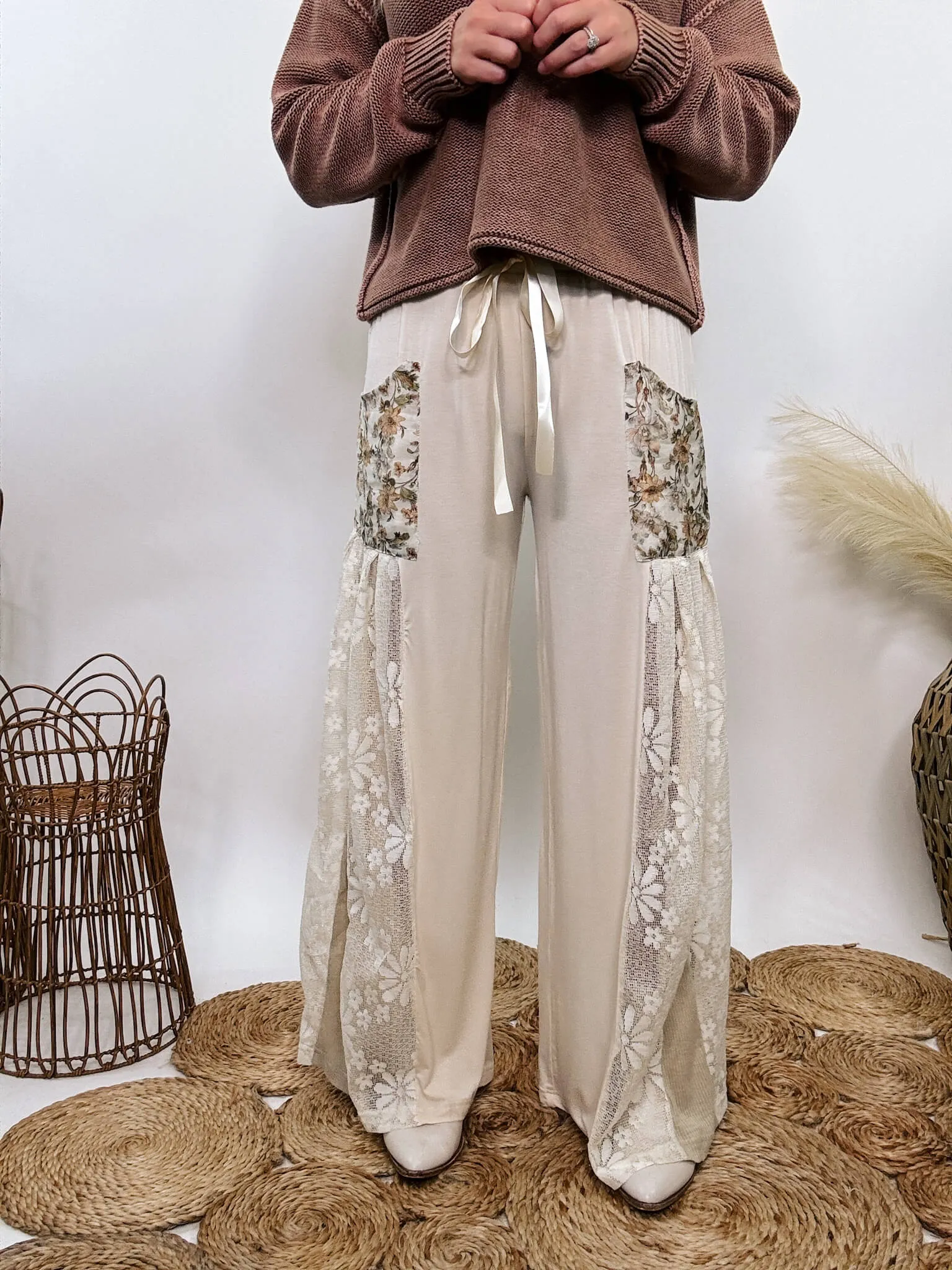 Boho Lace and Floral Wide Leg Pants by POL