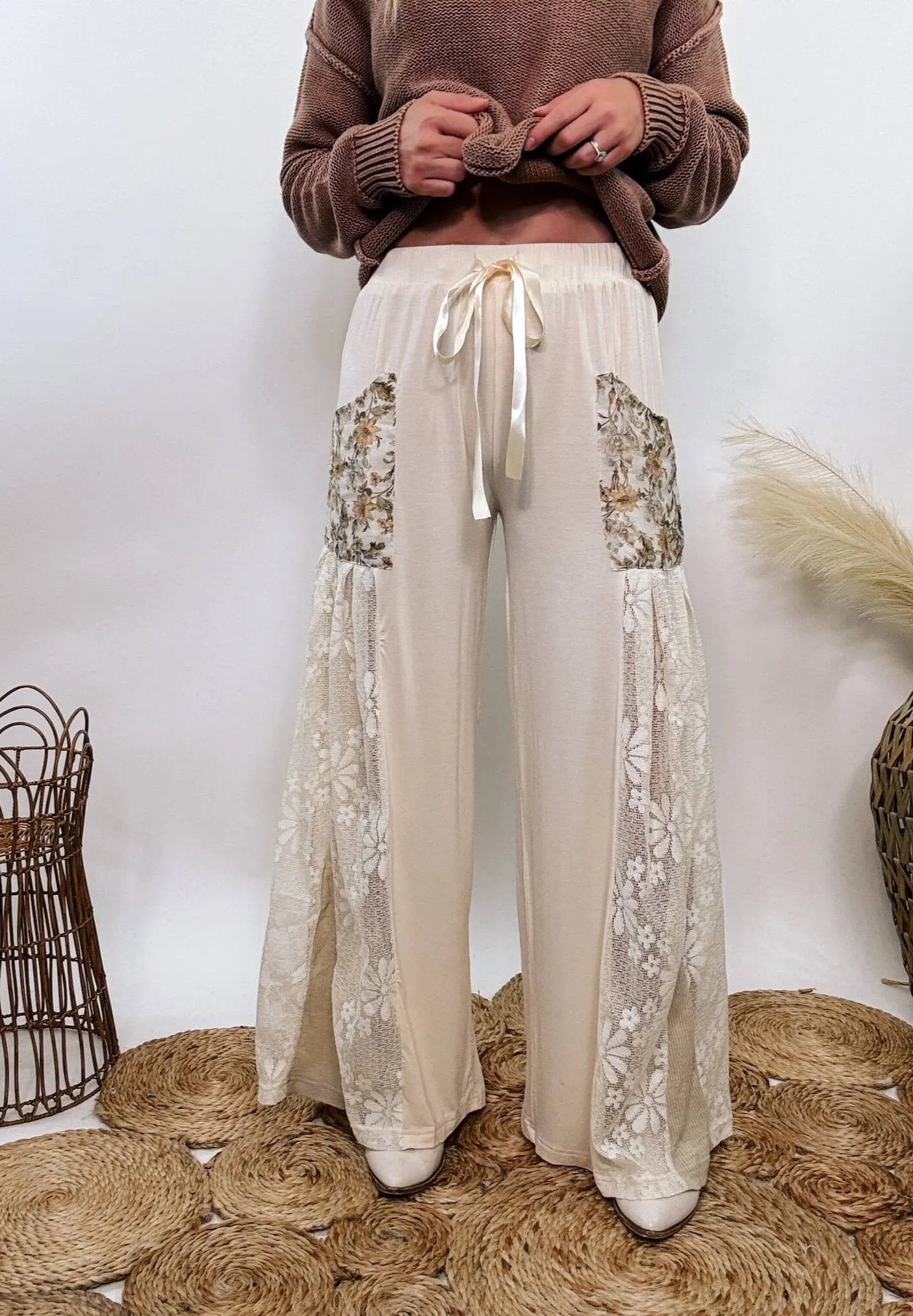 Boho Lace and Floral Wide Leg Pants by POL