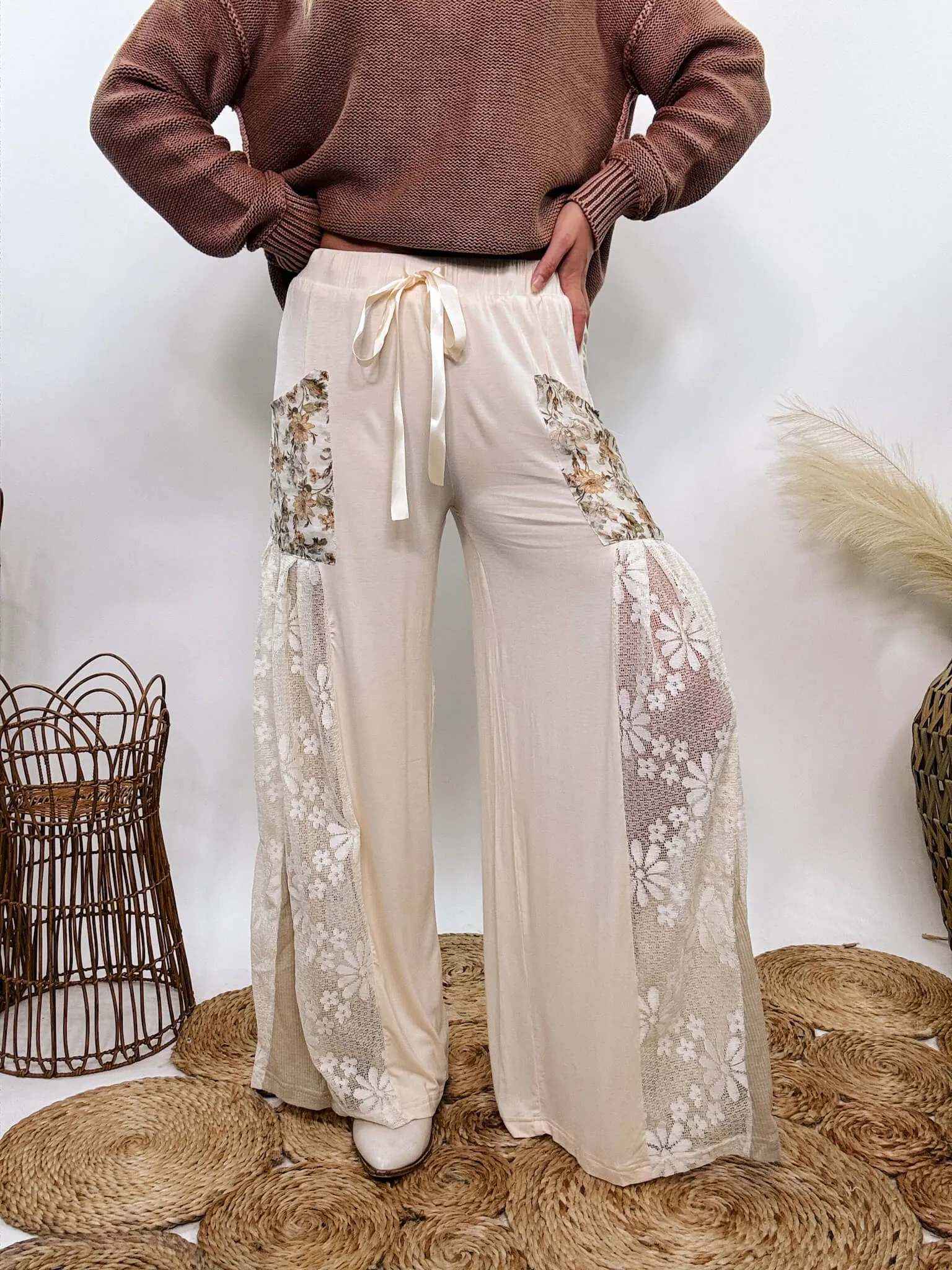 Boho Lace and Floral Wide Leg Pants by POL