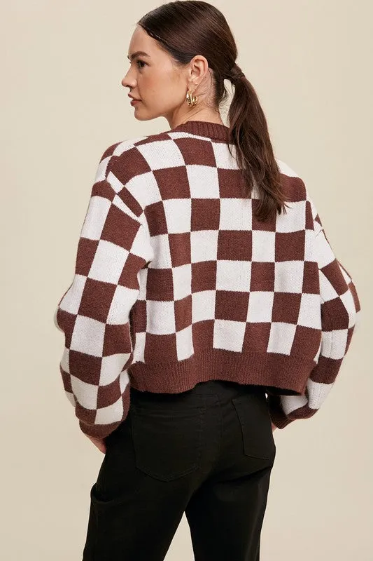 Bold Gingham Sweater Weaved Crop Cardigan