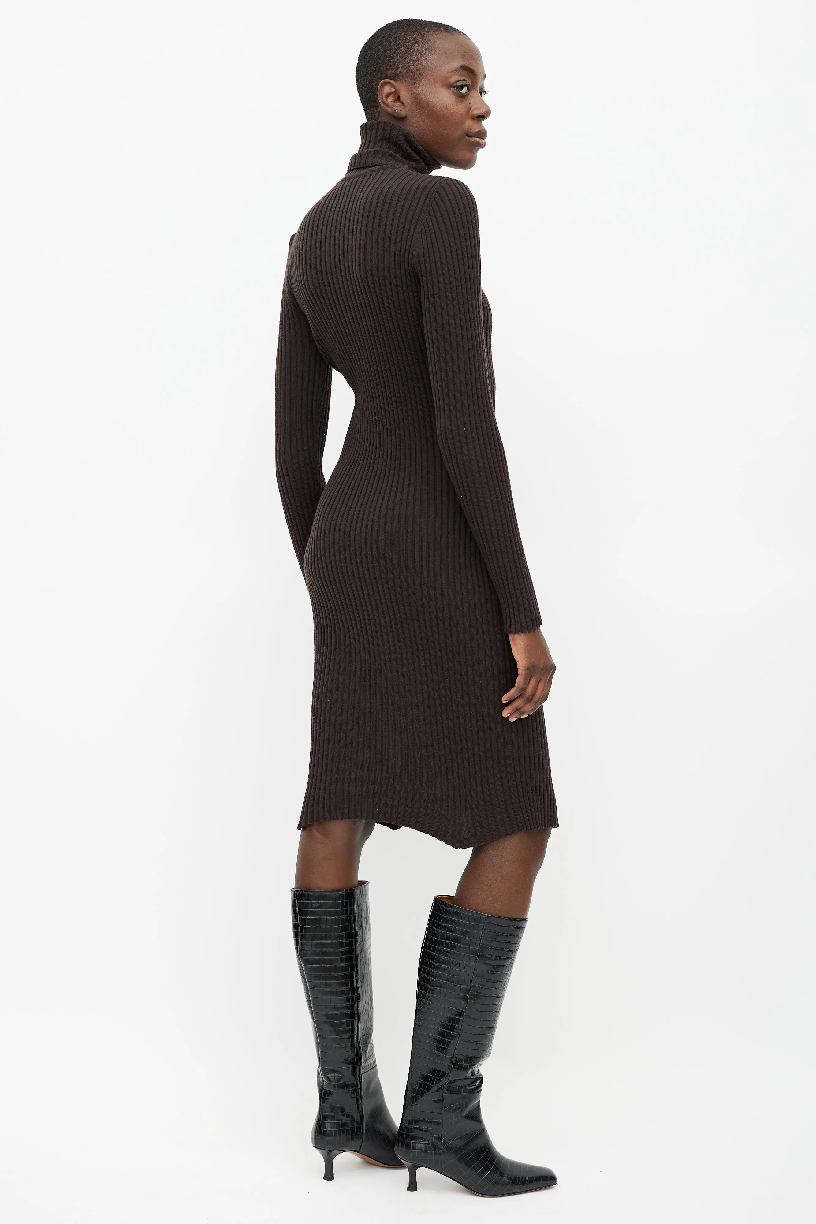 Brown Ribbed Wool Turtleneck Dress