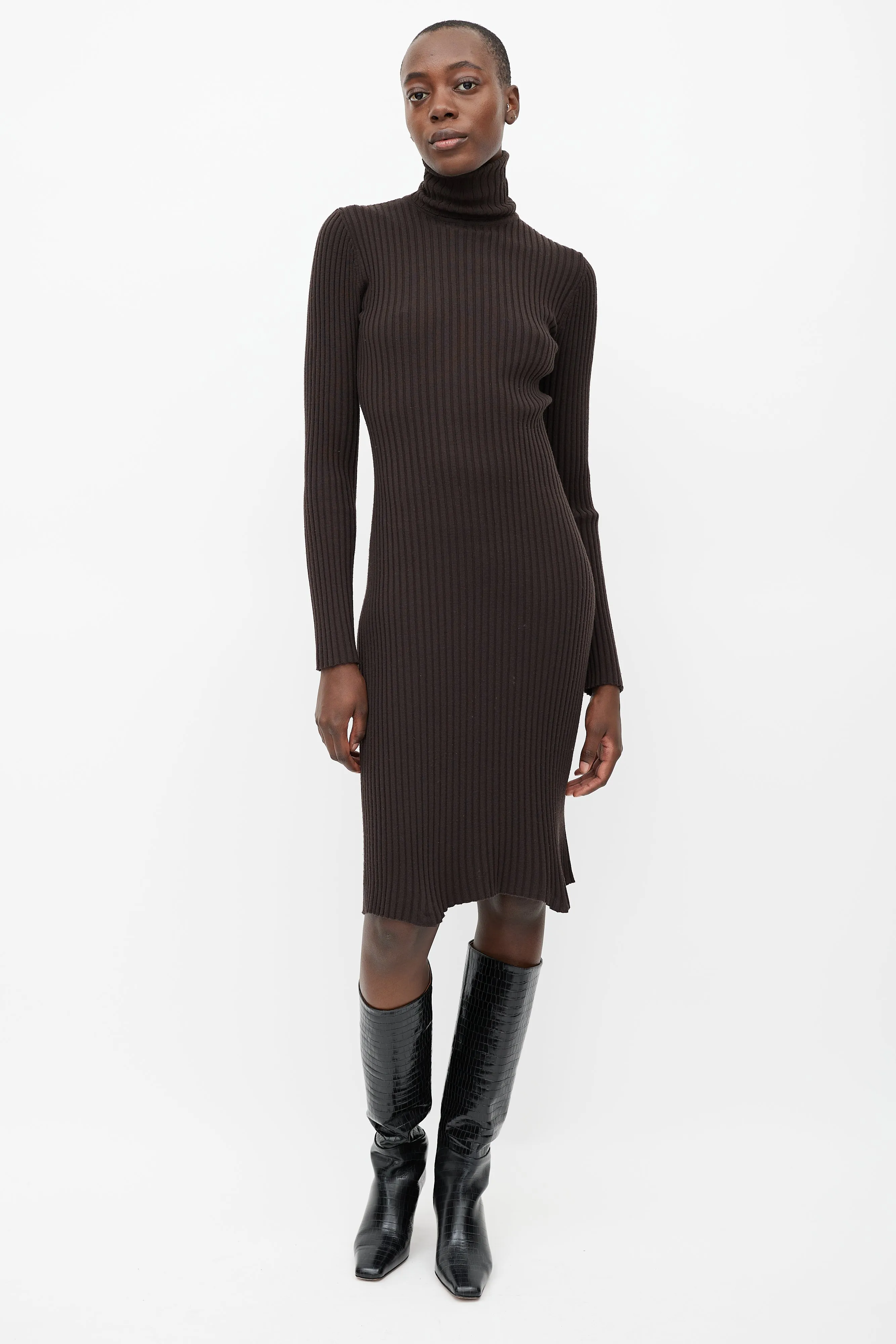 Brown Ribbed Wool Turtleneck Dress