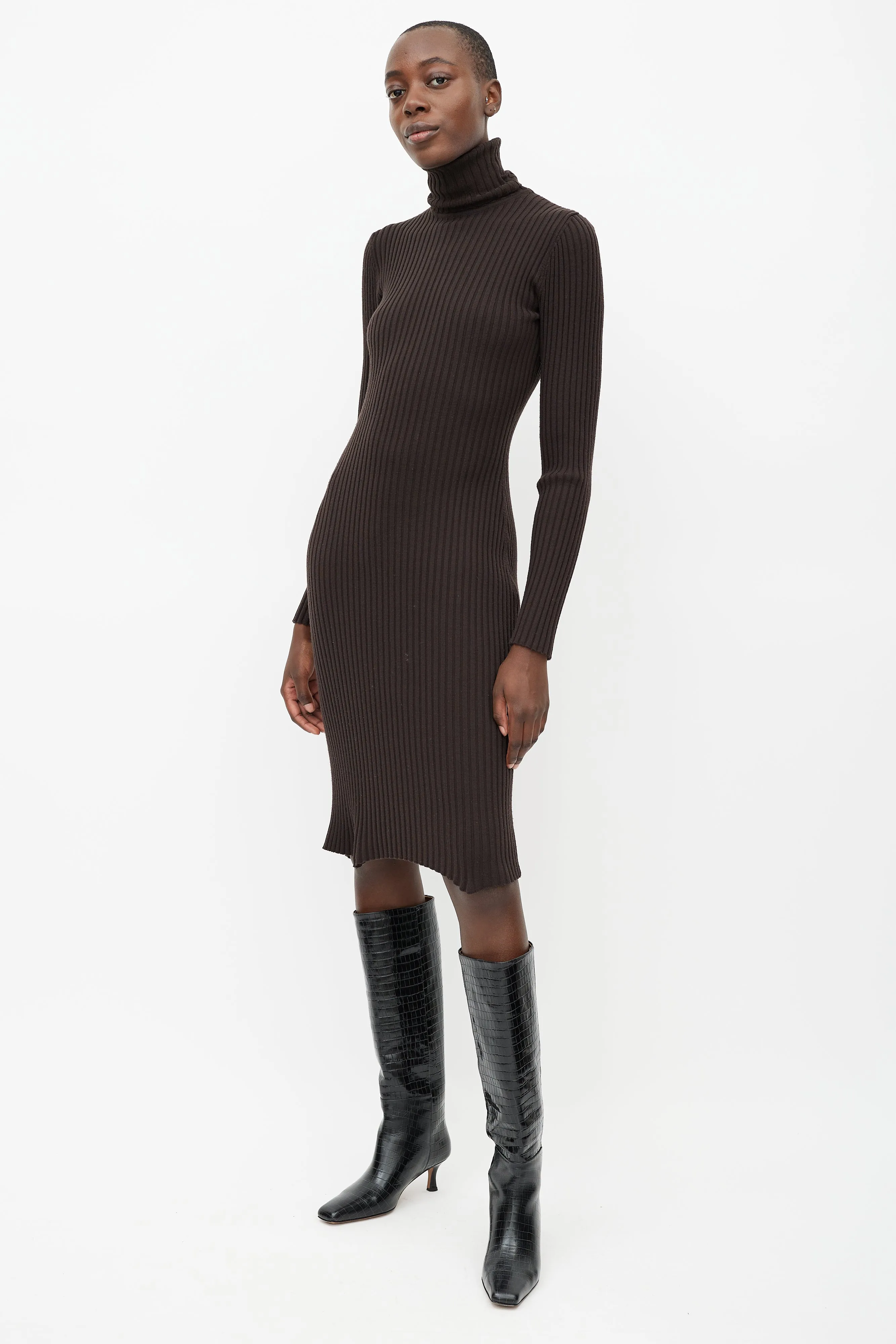 Brown Ribbed Wool Turtleneck Dress