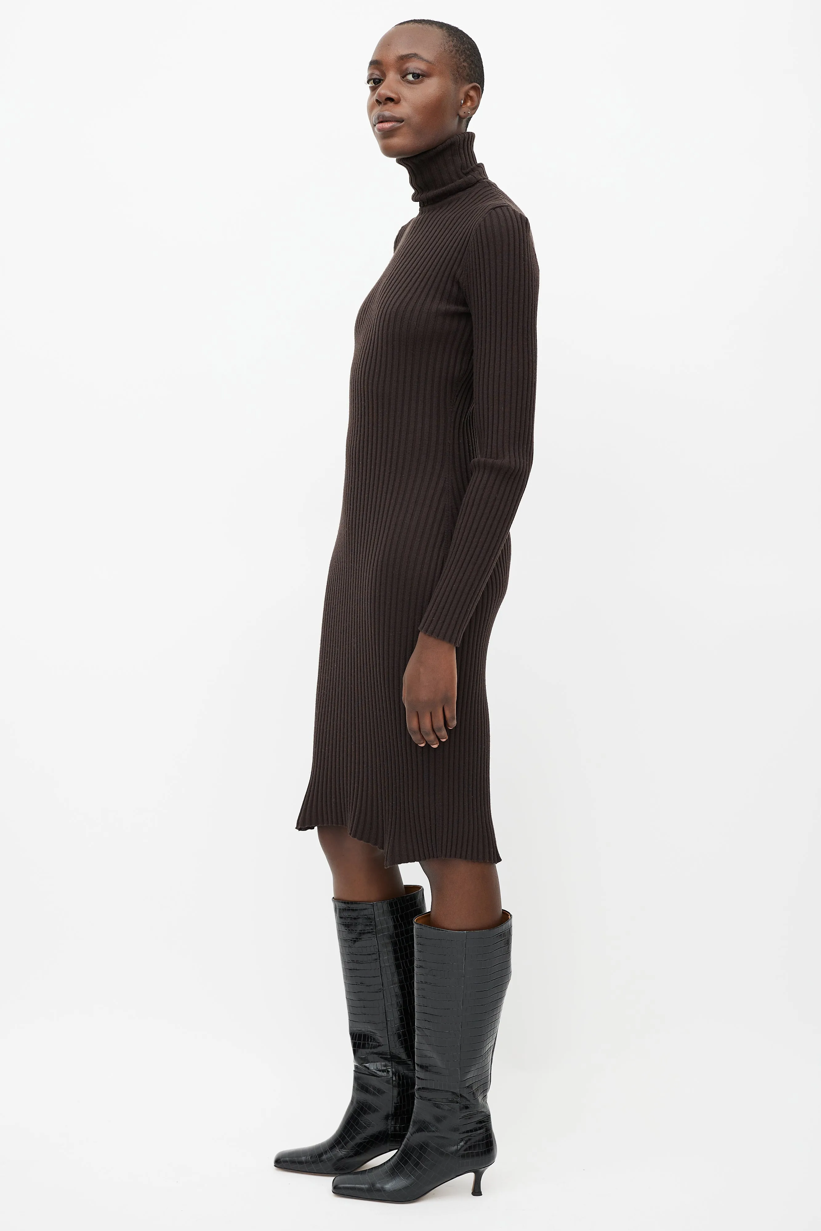 Brown Ribbed Wool Turtleneck Dress