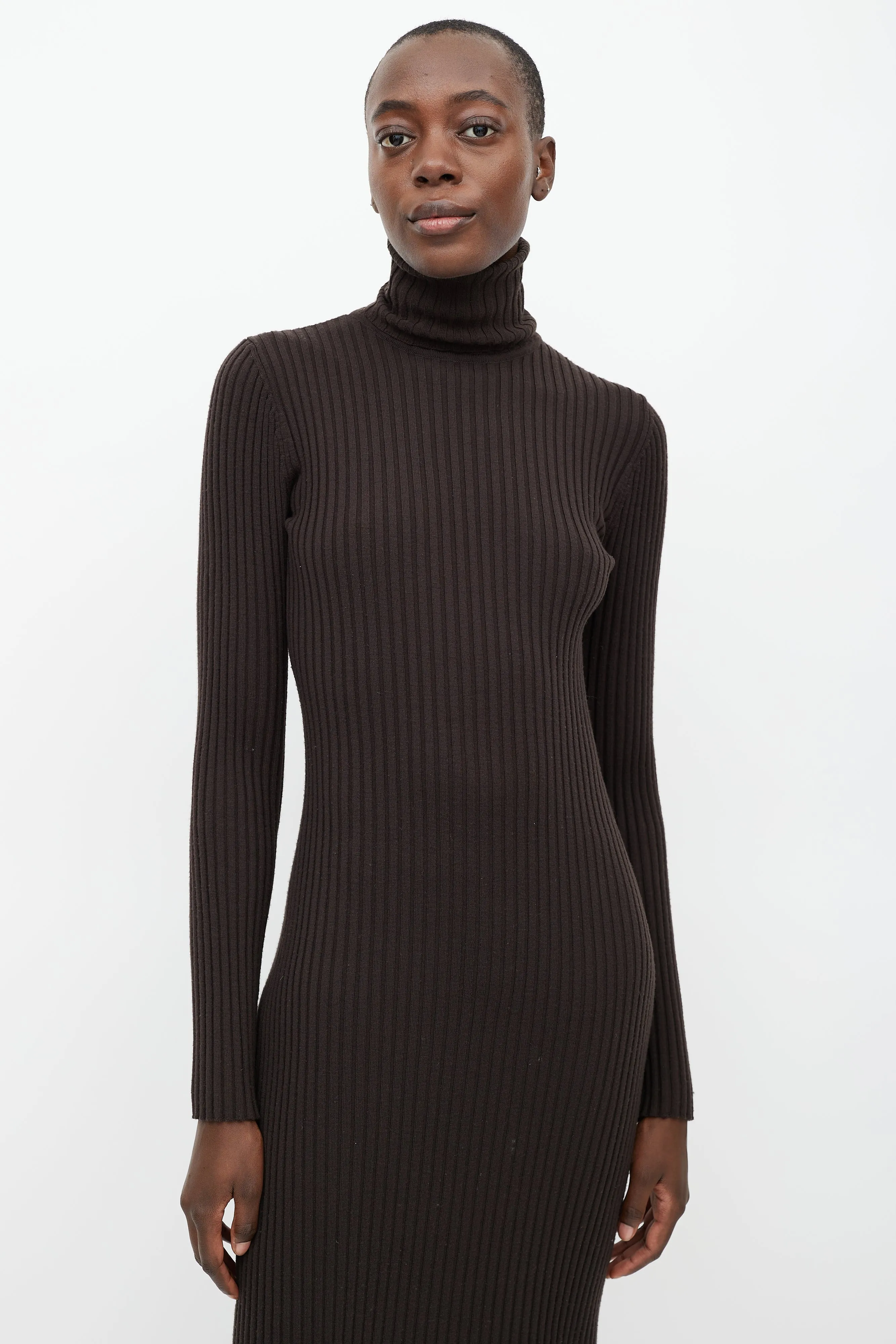 Brown Ribbed Wool Turtleneck Dress