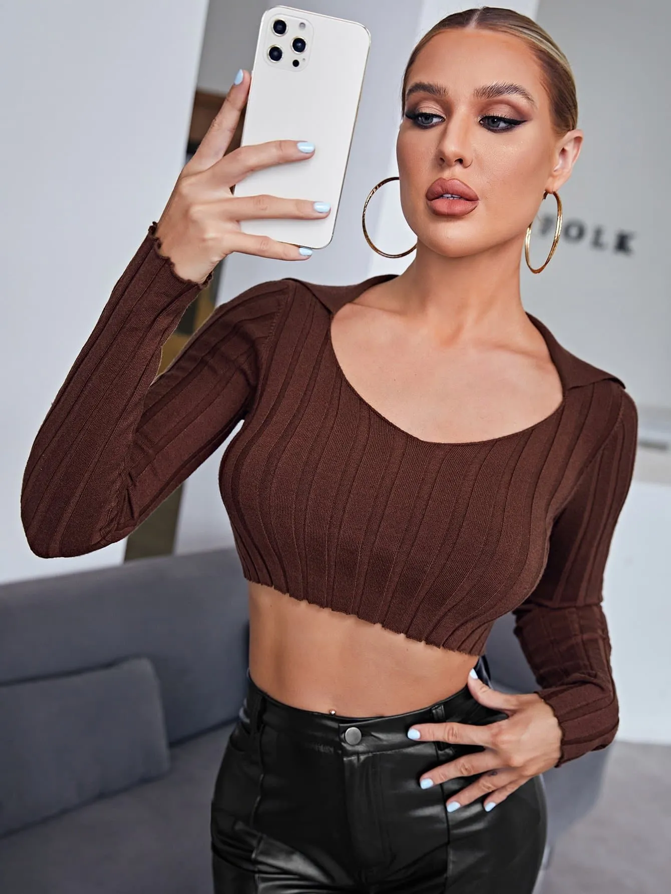 Brown Scoop Neck Frill Rib-knit Crop Sweater Top