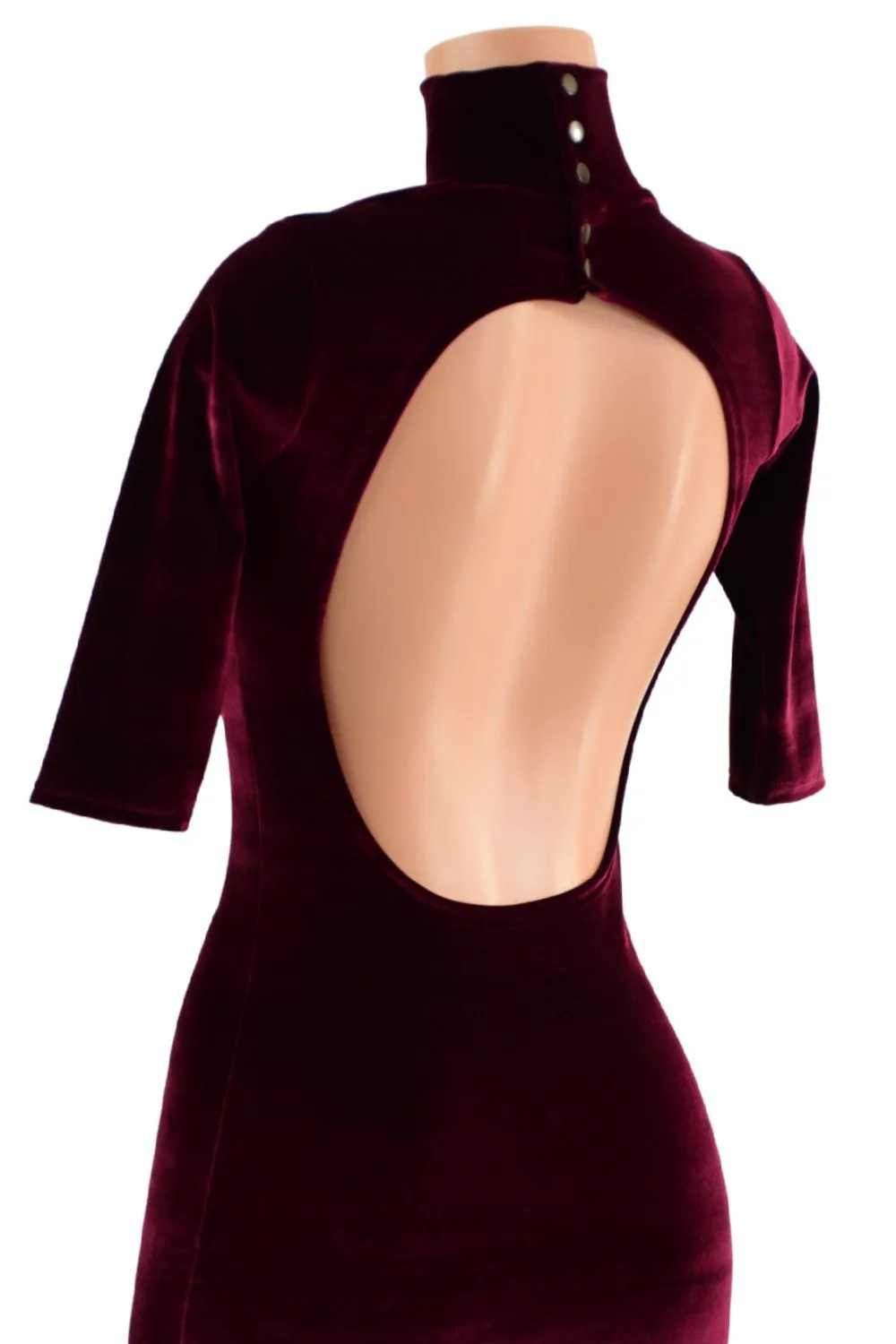 Burgundy Velvet Backless Dress with Window Neckline