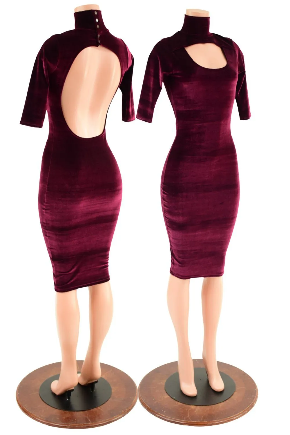 Burgundy Velvet Backless Dress with Window Neckline