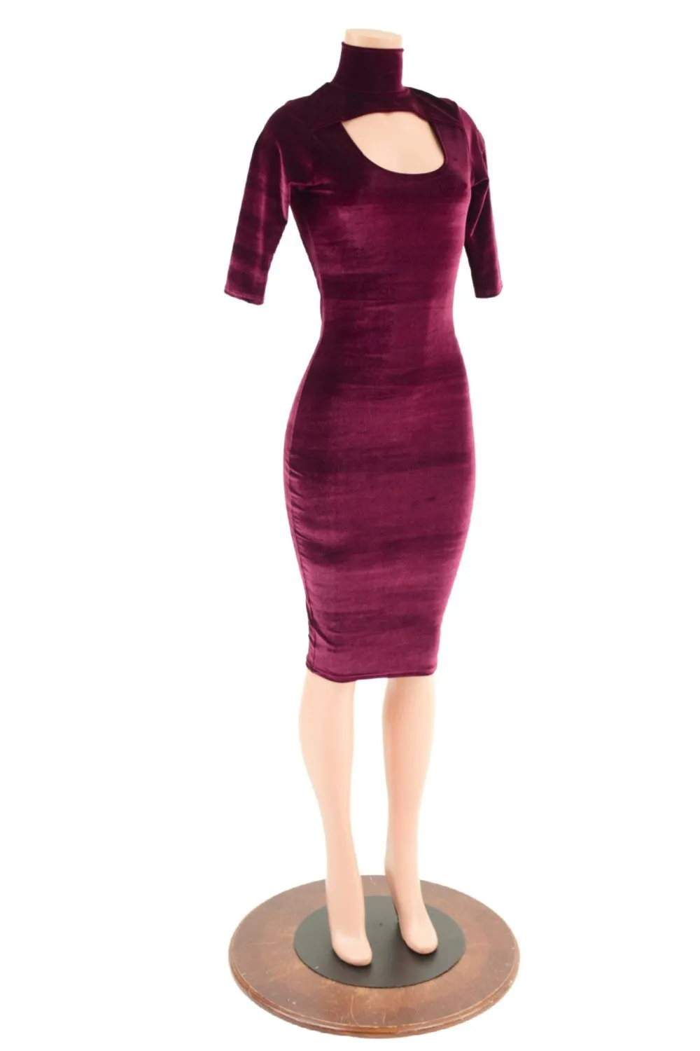 Burgundy Velvet Backless Dress with Window Neckline