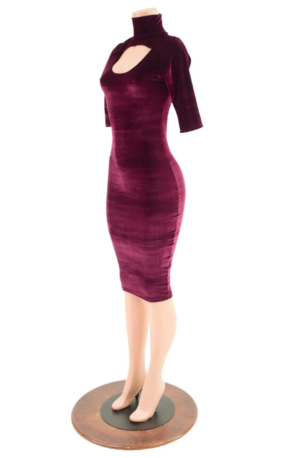 Burgundy Velvet Backless Dress with Window Neckline