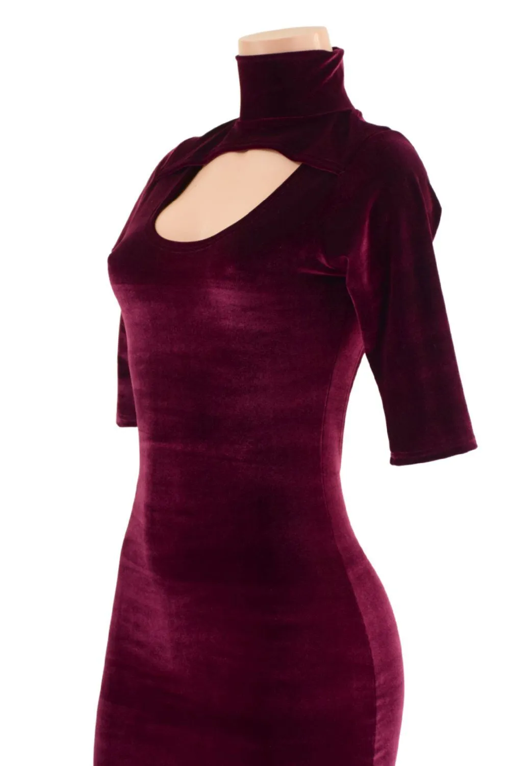 Burgundy Velvet Backless Dress with Window Neckline