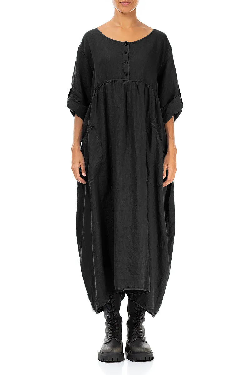 Buttoned Black Linen Dress