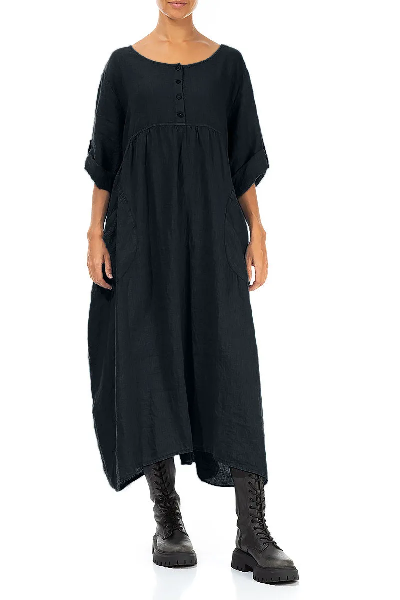 Buttoned Midnight Blue Linen Dress