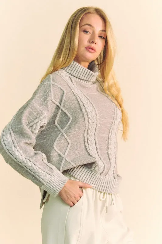 Cable-Knit Turtleneck Dropped Shoulder Sweater