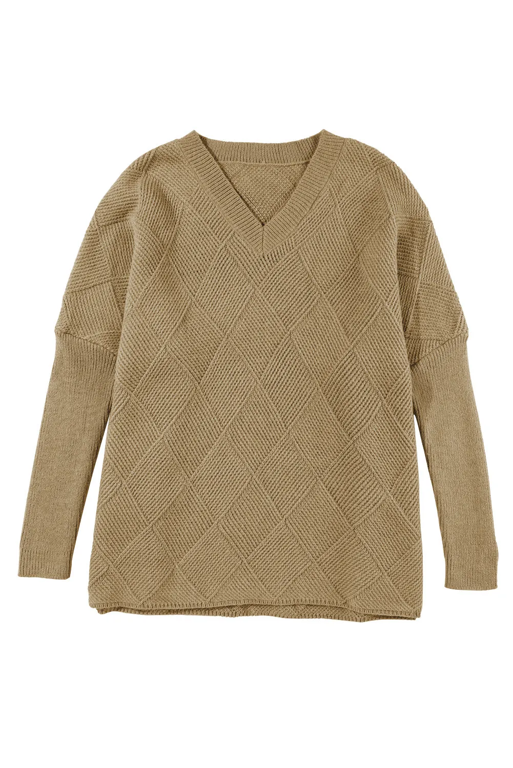 Camel Oversized V-Neck Checkered Batwing Sweater