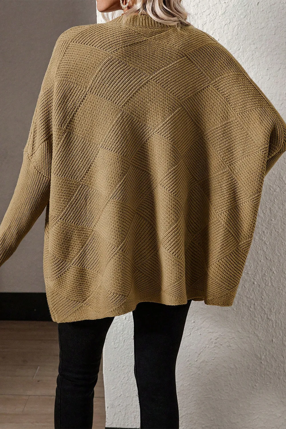 Camel Oversized V-Neck Checkered Batwing Sweater