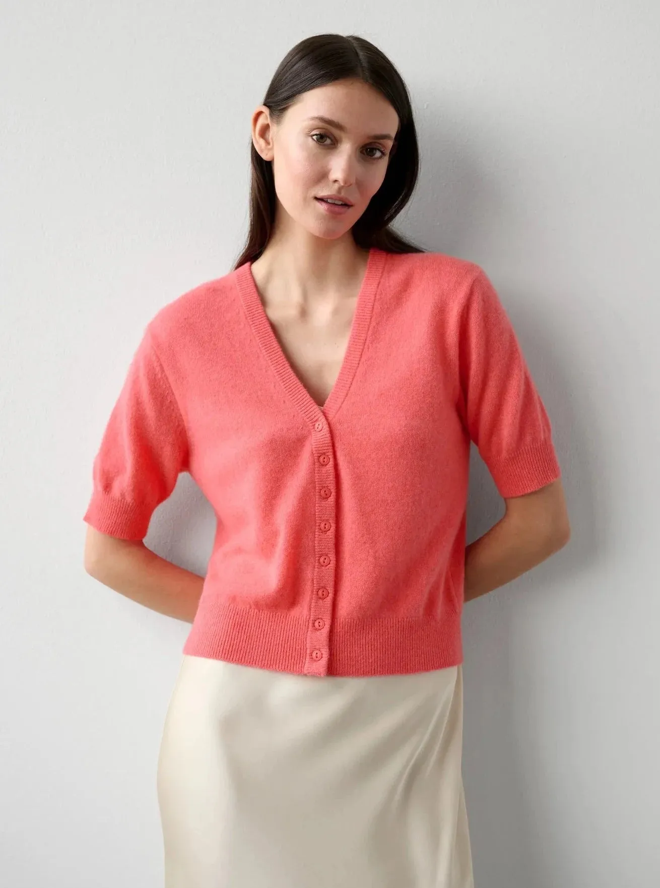 Cashmere Short Sleeve Cardigan in Popsicle Heather