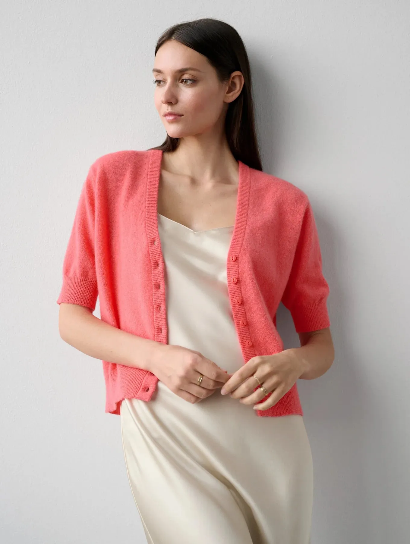 Cashmere Short Sleeve Cardigan in Popsicle Heather