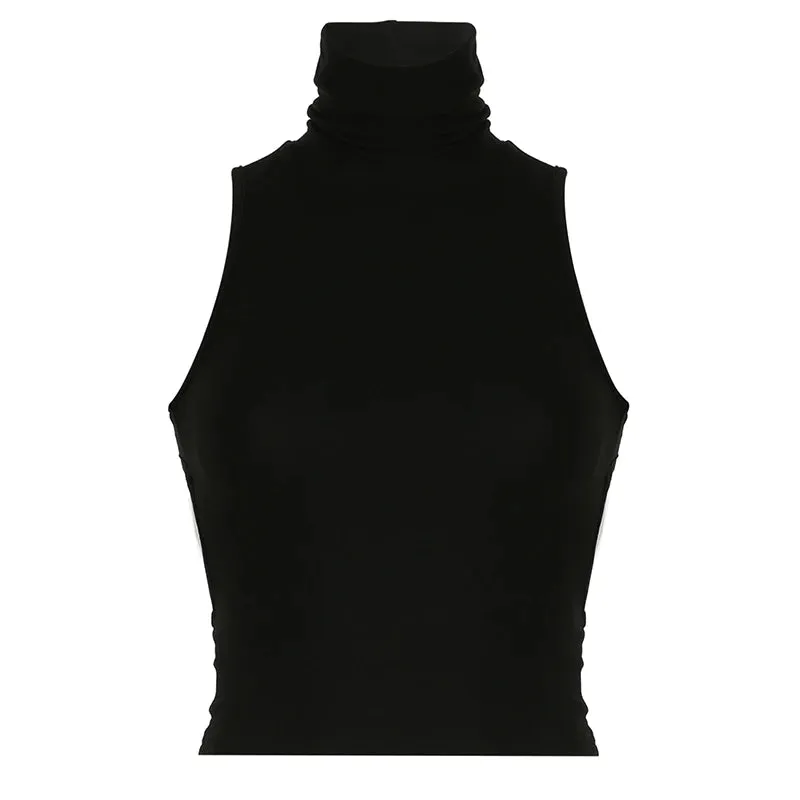 Casual Backless Skinny Summer Tank Top Sleeveless Solid Turtleneck Vest Sexy Harajuku Cropped Tops Korean Short Tees