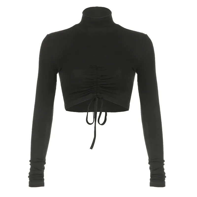 Casual Basic Skinny Long Sleeve Tee Shirts Female Turtleneck Drawstring Slim Fashion Sexy Crop Tops Autumn T-shirts