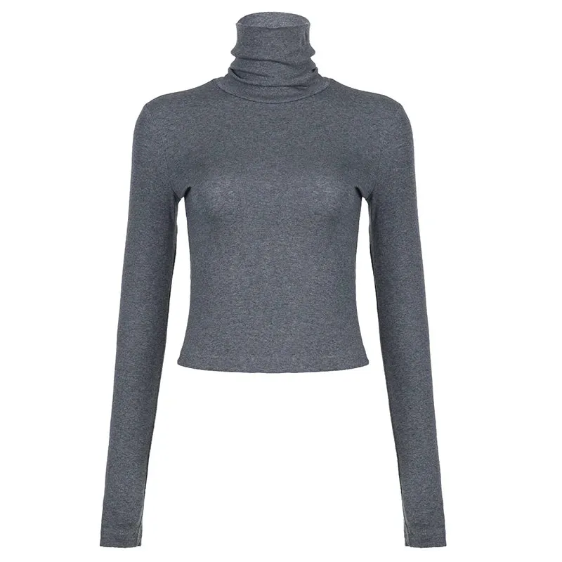 Casual Basic Tight Turtleneck T-shirt Women Long Sleeve Solid Autumn Tee Shirt Cotton All-Match Tops Winter Clothes