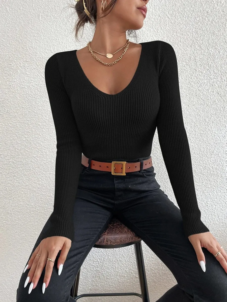 Casual Knit V-Neck Pullover Sweater Basic