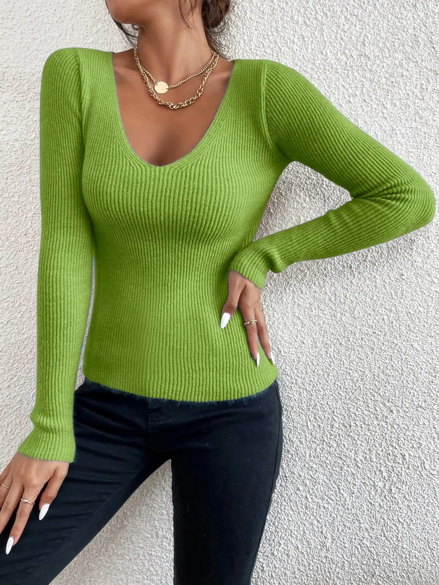 Casual Knit V-Neck Pullover Sweater Basic