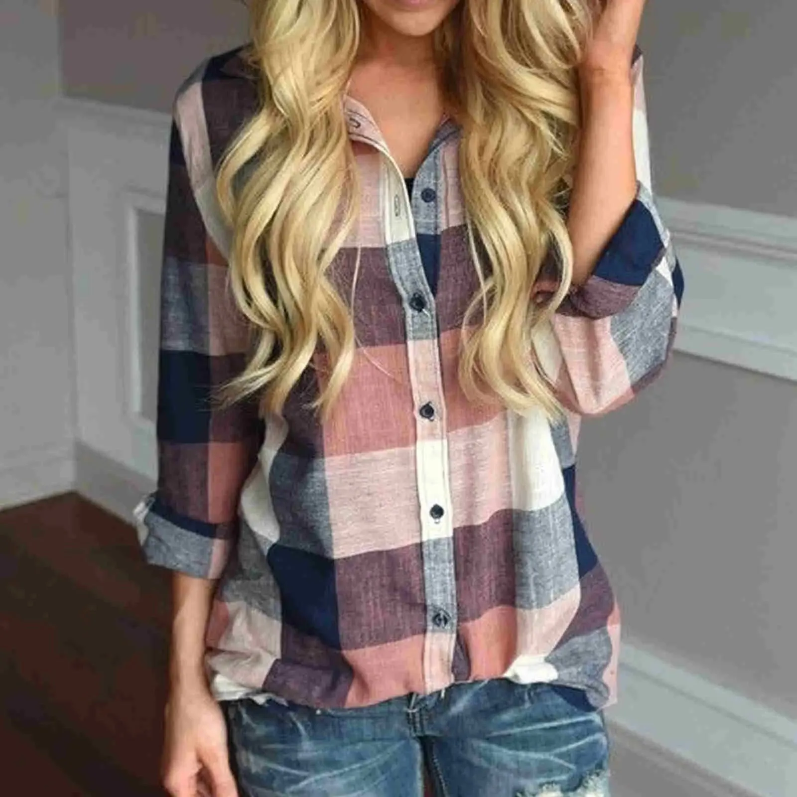 Casual Plaid Long Sleeve Women's Blouse