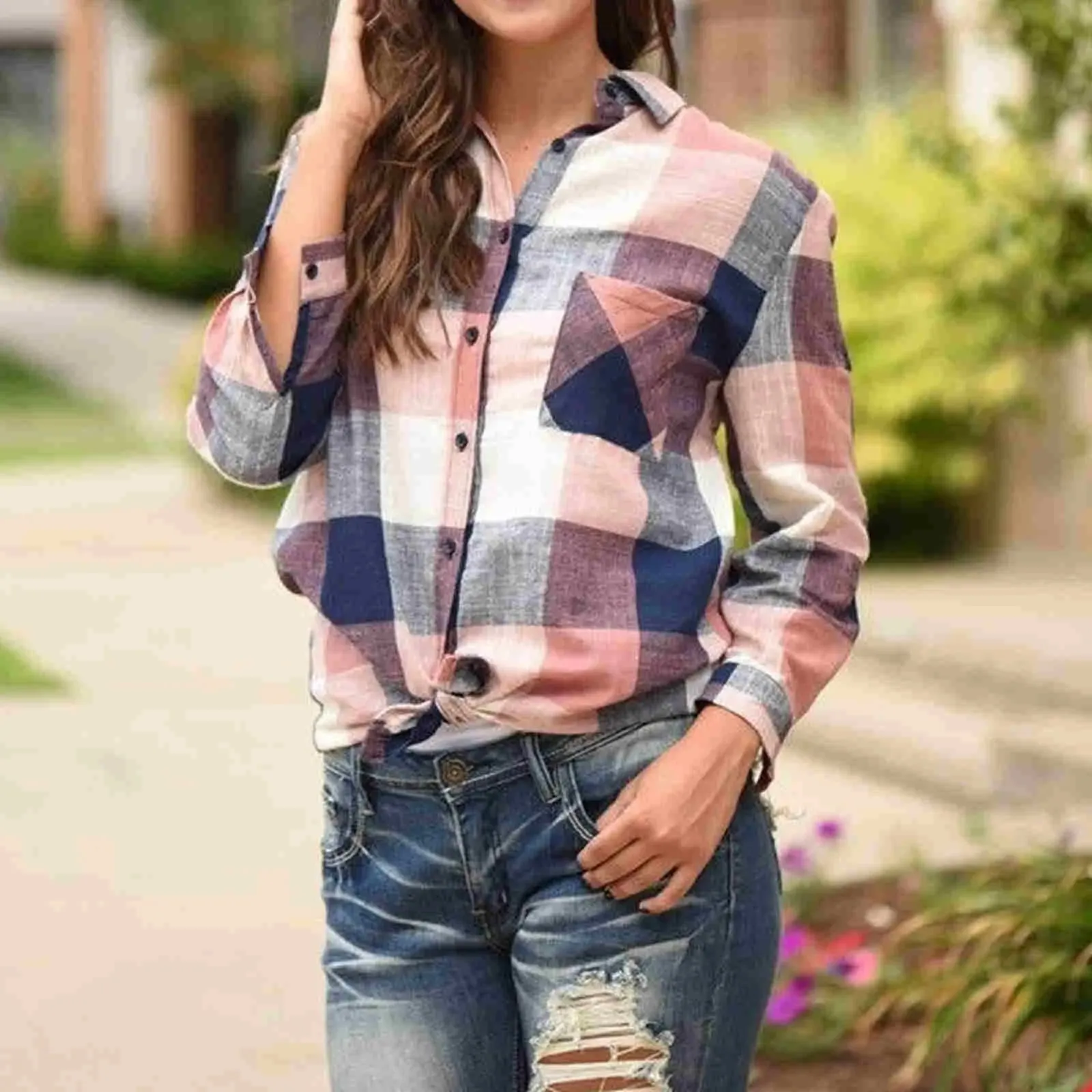 Casual Plaid Long Sleeve Women's Blouse