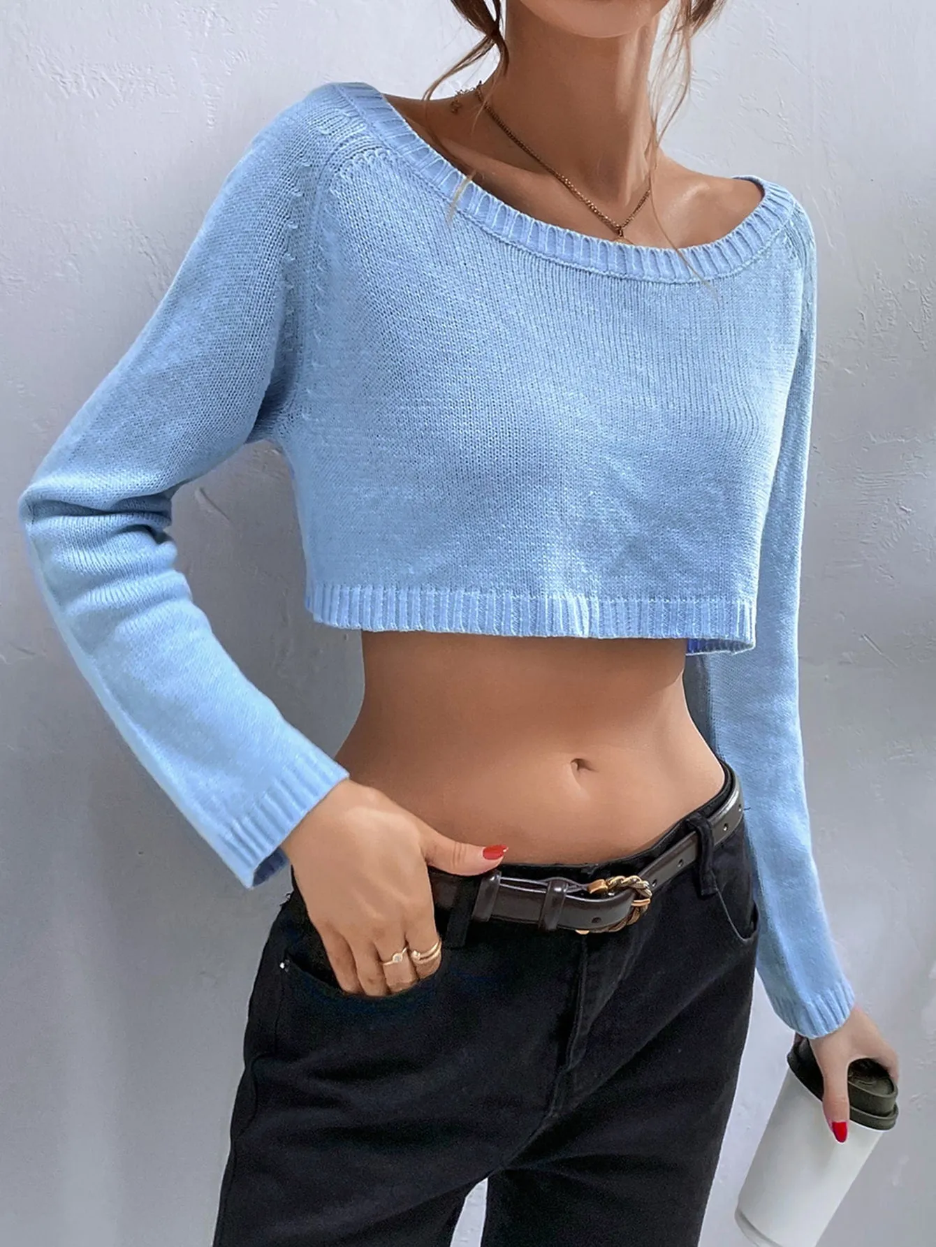 Casual Plain Lace Up Long Sleeve Boat Neck Crop Women Sweater