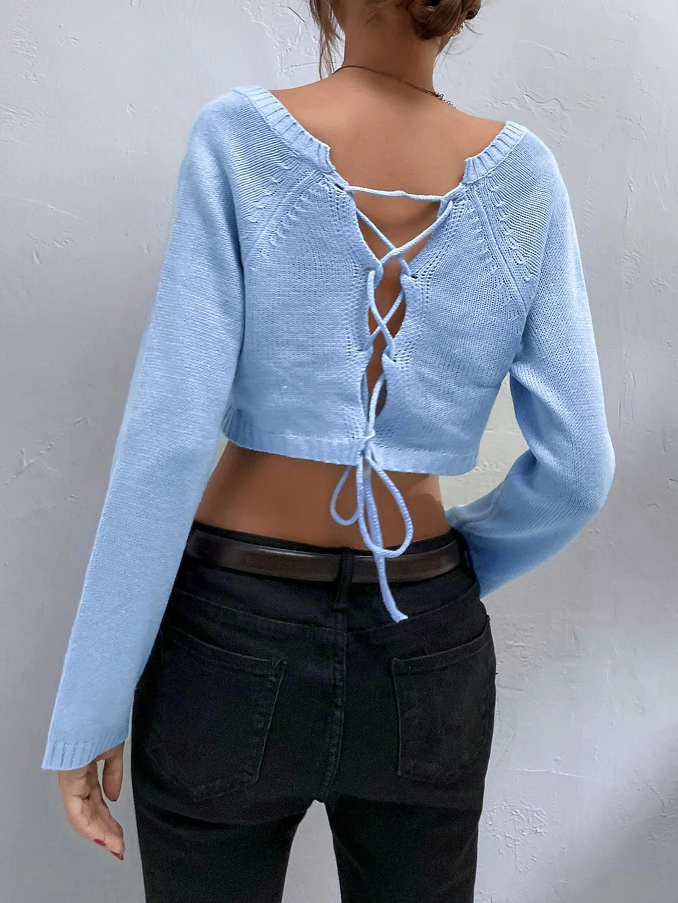 Casual Plain Lace Up Long Sleeve Boat Neck Crop Women Sweater