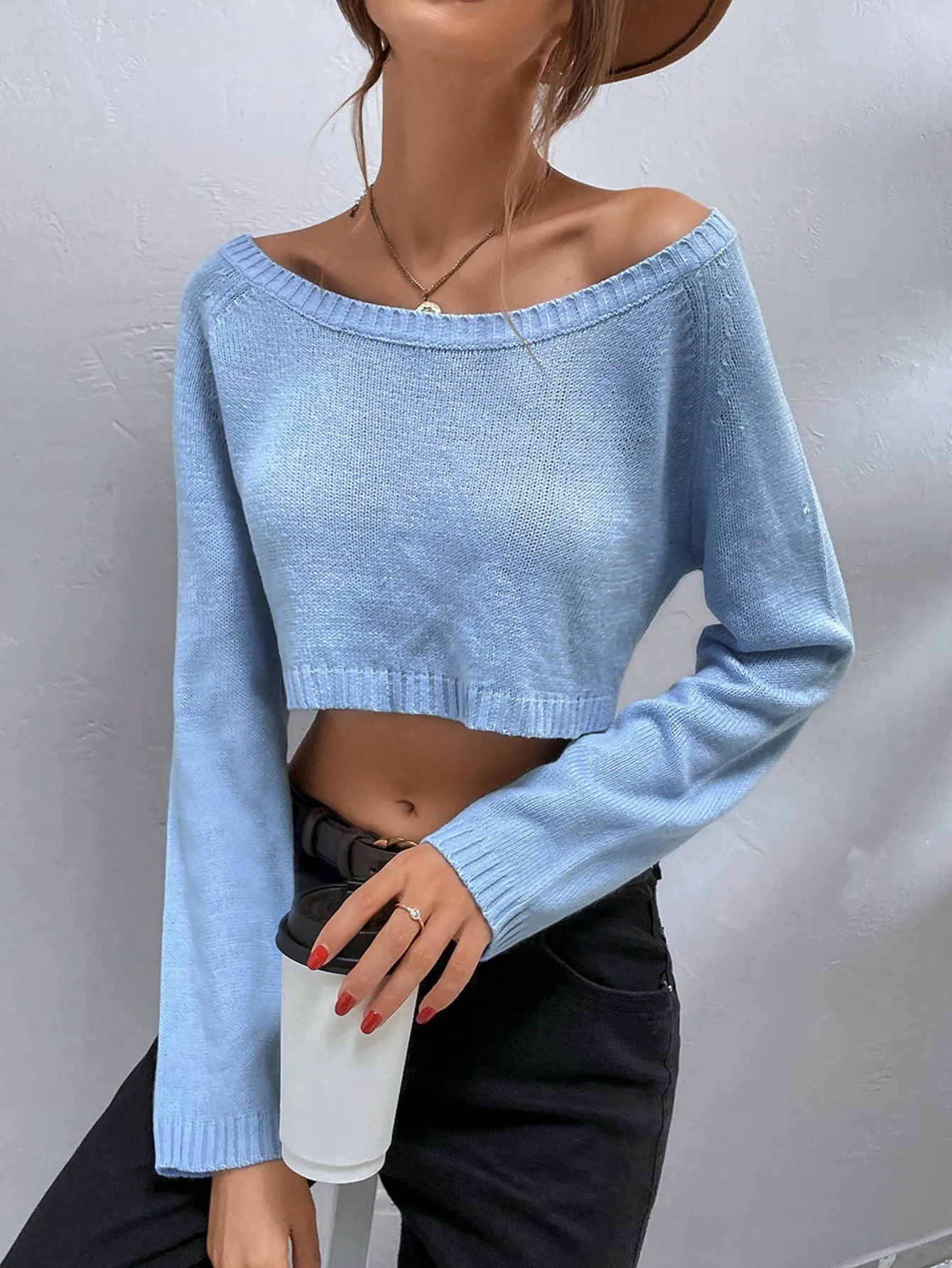 Casual Plain Lace Up Long Sleeve Boat Neck Crop Women Sweater