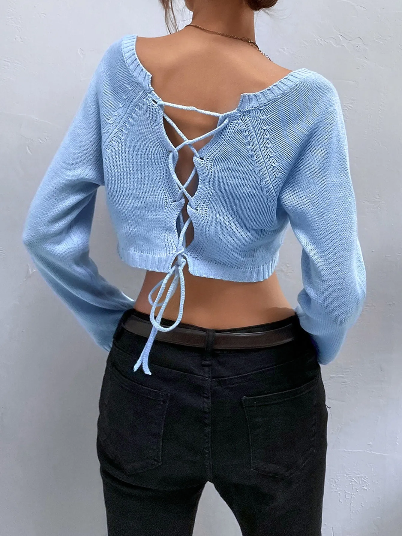 Casual Plain Lace Up Long Sleeve Boat Neck Crop Women Sweater