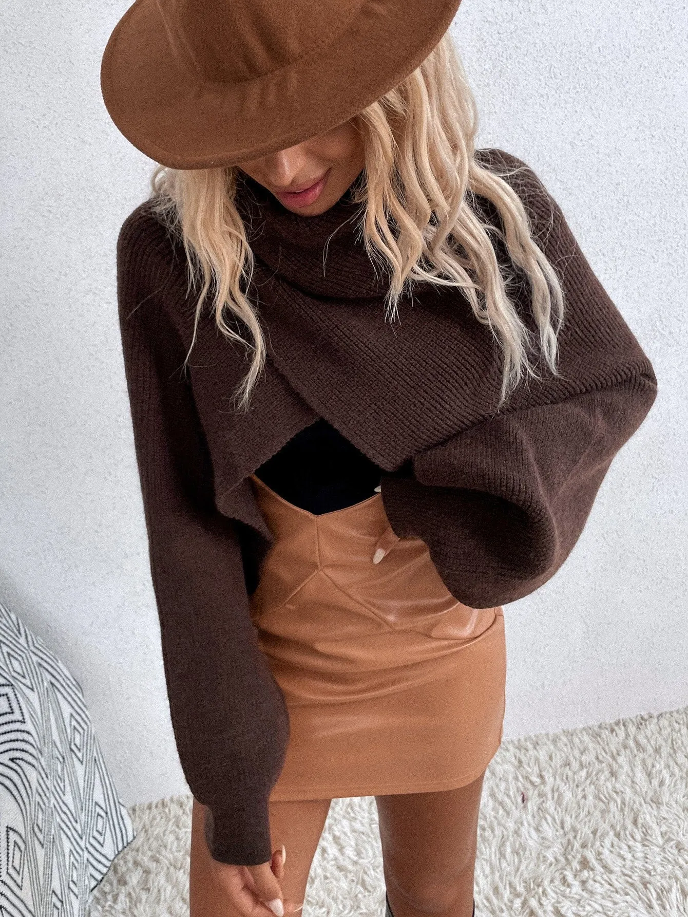 Casual Plain Wrap Long Sleeve High Neck Crop Women Sweater