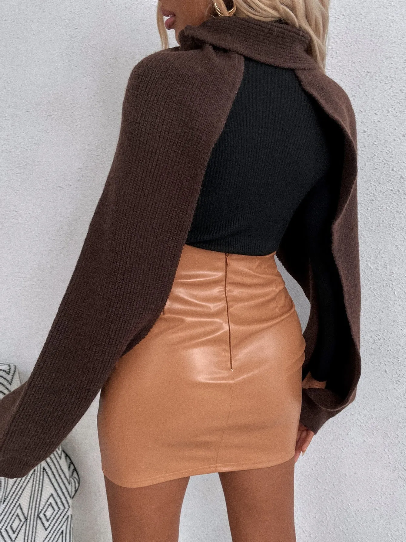 Casual Plain Wrap Long Sleeve High Neck Crop Women Sweater