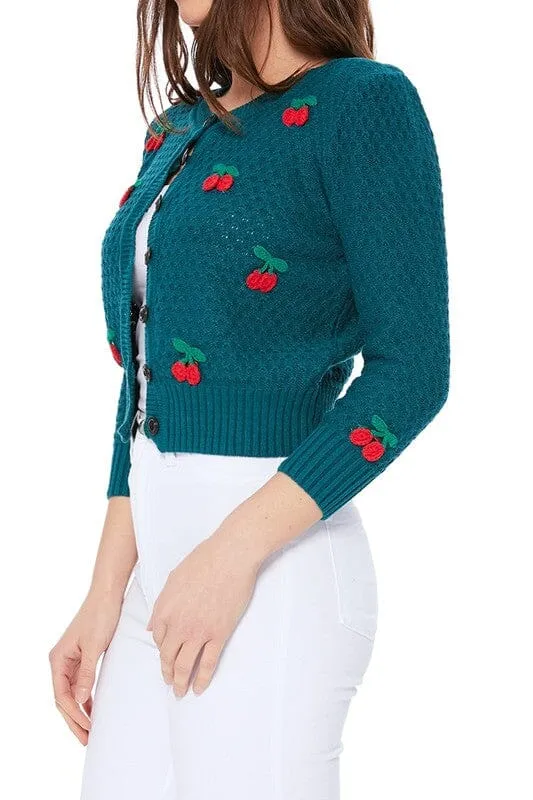 Cherry Crochet Pom Pom Cropped Cardigan Sweater